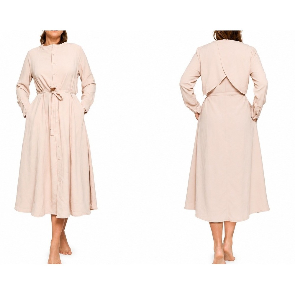 Malka Majesty Modest Blush Pink Button Down Long Sleeve Midi Dress Large NEW